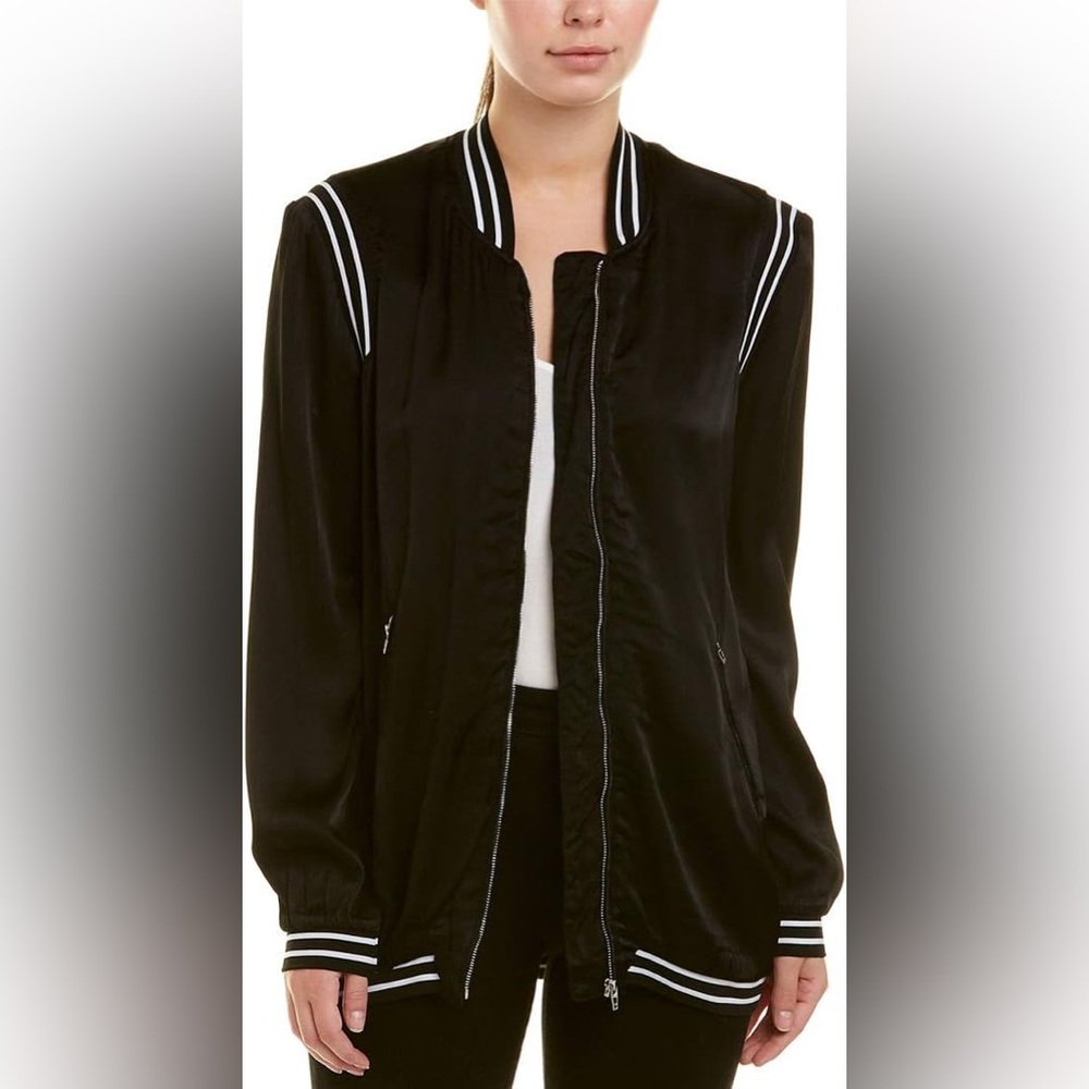 Blank NYC Striped Trim Satin Bomber Black Jacket